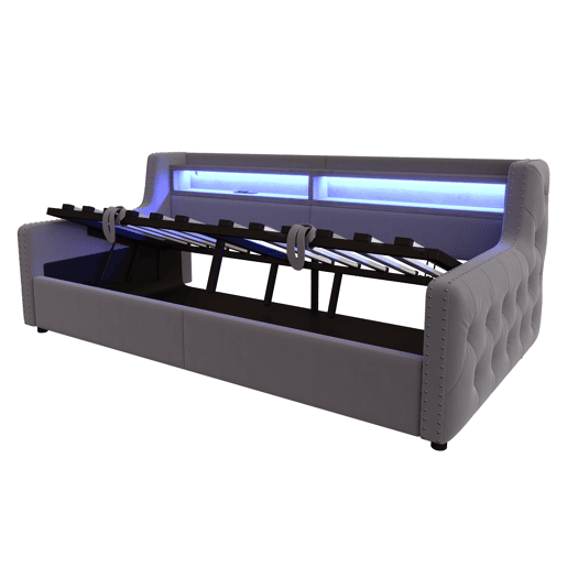 Sofá-cama 90x200 cm - Com armazenamento hidráulico, encosto e braços grossos, com LED e tomada - Cinza escuro