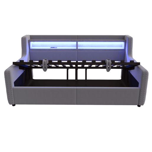 Sofá-cama 90x200 cm - Com armazenamento hidráulico, encosto e braços grossos, com LED e tomada - Cinza escuro