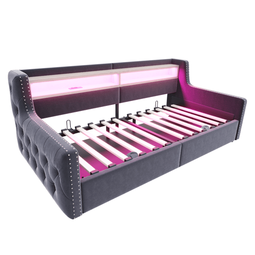 Sofá-cama 90x200 cm - Com armazenamento hidráulico, encosto e braços grossos, com LED e tomada - Cinza escuro