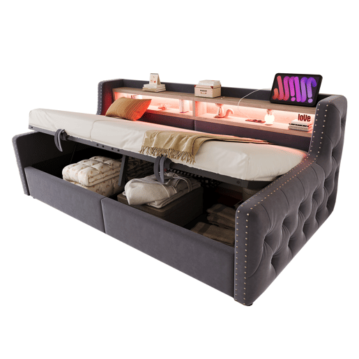 Sofá-cama 90x200 cm - Com armazenamento hidráulico, encosto e braços grossos, com LED e tomada - Cinza escuro