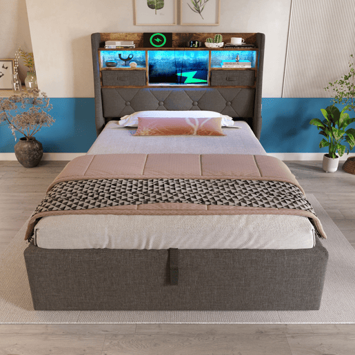 Cama hidráulica 90x200 cm - Com arrumação, cabeceira LED, 4 portas USBType-C - Cinza