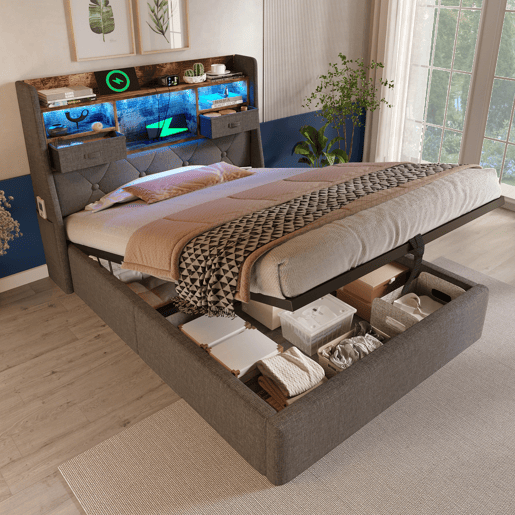 Cama hidráulica 90x200 cm - Com arrumação, cabeceira LED, 4 portas USBType-C - Cinza