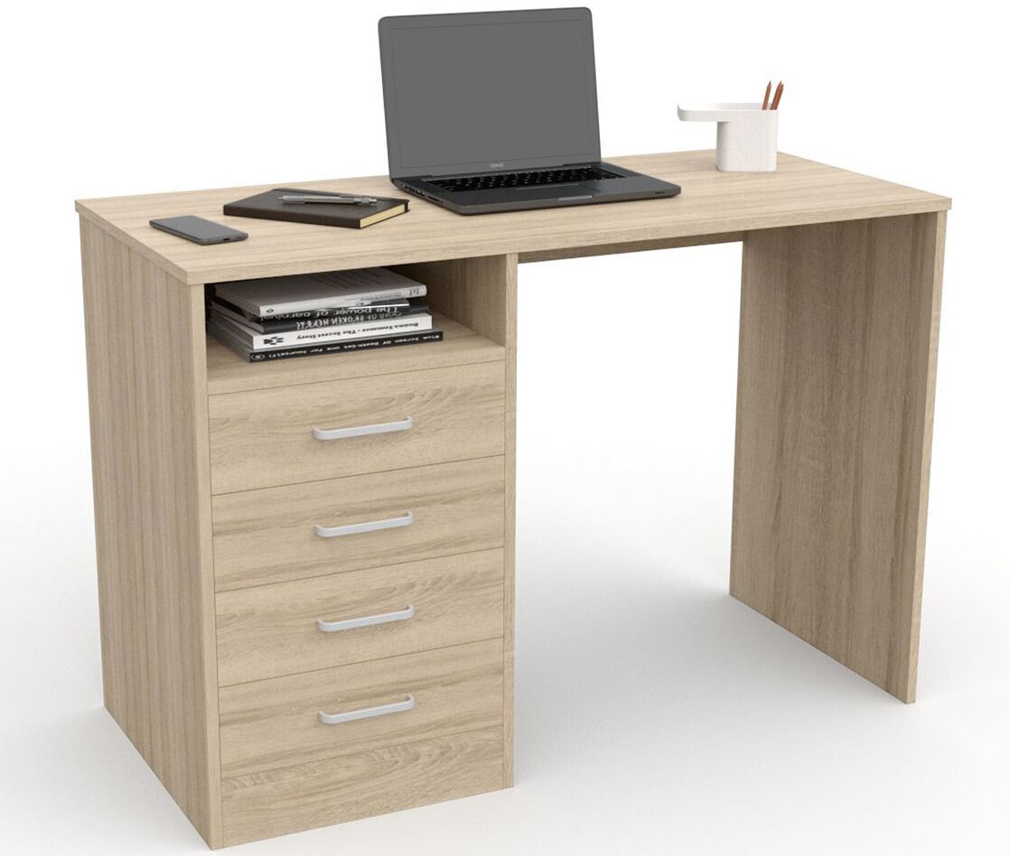 Escritorio con 4 Cajones, Mesa de Oficina, Despacho Ordenador 110x50 Roble