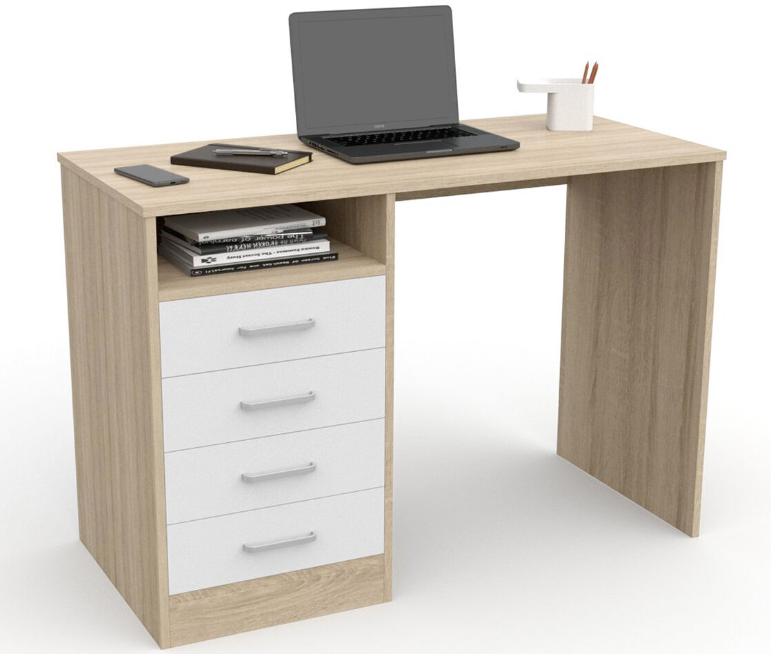 Escritorio con 4 Cajones, Mesa de Oficina, Despacho Ordenador 110x50 Blanco/ Madera