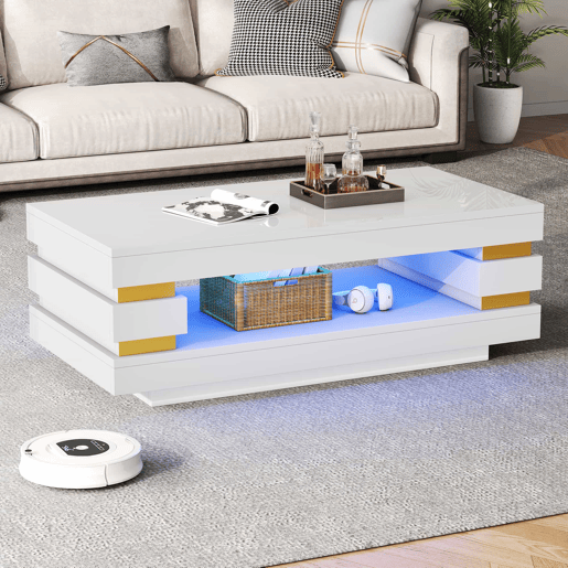 Mesa de centro 100 x 50 x 35 cm u2014 com compartimento de arrumação central oco, iluminação LED em fita, acabamento de alto brilho, ideal para apartamentos pequenos u2014 branco