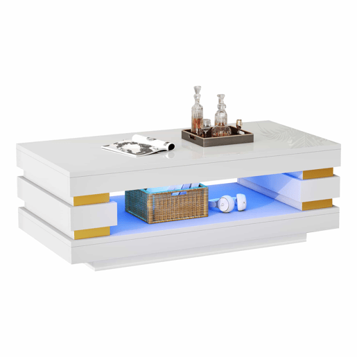 Mesa de centro 100 x 50 x 35 cm u2014 com compartimento de arrumação central oco, iluminação LED em fita, acabamento de alto brilho, ideal para apartamentos pequenos u2014 branco