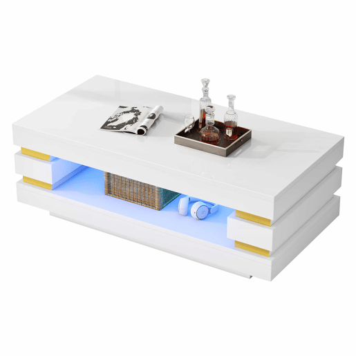 Mesa de centro 100 x 50 x 35 cm u2014 com compartimento de arrumação central oco, iluminação LED em fita, acabamento de alto brilho, ideal para apartamentos pequenos u2014 branco