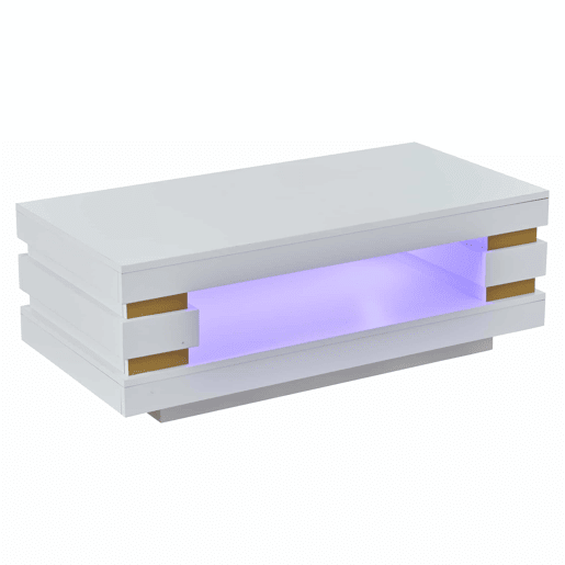 Mesa de centro 100 x 50 x 35 cm u2014 com compartimento de arrumação central oco, iluminação LED em fita, acabamento de alto brilho, ideal para apartamentos pequenos u2014 branco