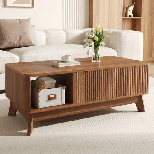 Mesa de centro com altura ajustável - efeito ondulado, compartimento lateral aberto, MDF, estilo moderno - Nogueira Mesa de centro com altura ajustável - efeito ondulado, compartimento lateral aberto, MDF, estilo moderno - Nogueira