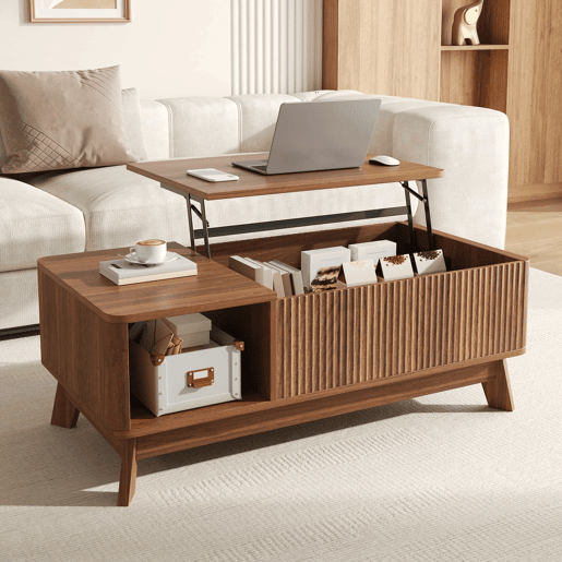 Mesa de centro com altura ajustável - efeito ondulado, compartimento lateral aberto, MDF, estilo moderno - Nogueira Mesa de centro com altura ajustável - efeito ondulado, compartimento lateral aberto, MDF, estilo moderno - Nogueira