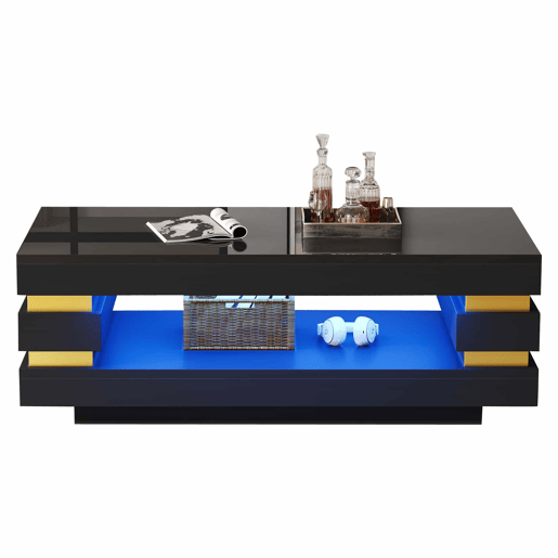 Mesa de centro 100 x 50 x 35 cm - com espaço de arrumação, acabamento de alto brilho, iluminação LED - preta