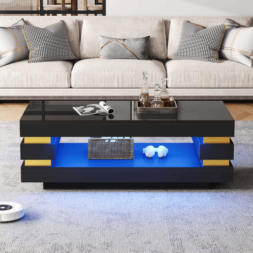 Mesa de centro 100 x 50 x 35 cm - com espaço de arrumação, acabamento de alto brilho, iluminação LED - preta