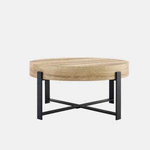 Mesa de centro redonda de 68 cm - estilo retro industrial, MDF com padrão de madeira, estrutura metálica preta - pretomadeira