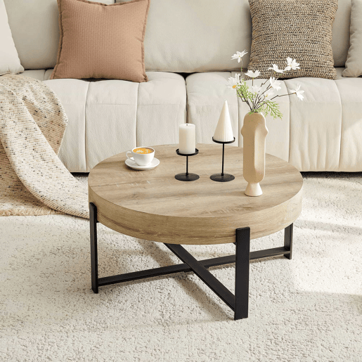 Mesa de centro redonda de 68 cm - estilo retro industrial, MDF com padrão de madeira, estrutura metálica preta - pretomadeira