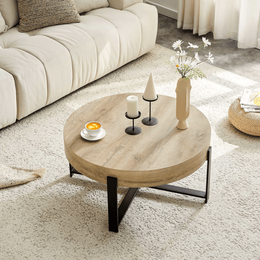 Mesa de centro redonda de 68 cm - estilo retro industrial, MDF com padrão de madeira, estrutura metálica preta - pretomadeira