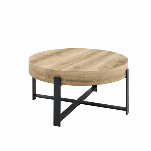 Mesa de centro redonda de 68 cm - estilo retro industrial, MDF com padrão de madeira, estrutura metálica preta - pretomadeira