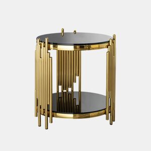 Mesa auxiliar redonda moderna de 38 cm - Mesa de chá de luxo com base em aço inoxidável e tampo em vidro - Preto e dourado