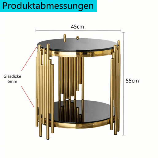 Mesa auxiliar redonda moderna de 38 cm - Mesa de chá de luxo com base em aço inoxidável e tampo em vidro - Preto e dourado