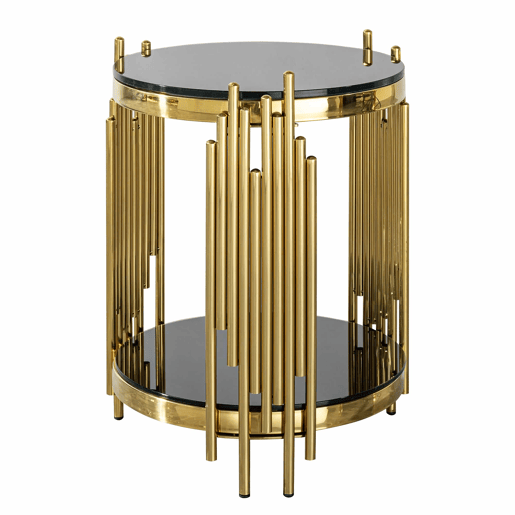 Mesa auxiliar redonda moderna de 38 cm - Mesa de chá de luxo com base em aço inoxidável e tampo em vidro - Preto e dourado