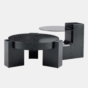 Conjunto de mesas de centro separáveis - tampo em vidro cinzento transparente, estrutura em MDF com efeito de madeira preta, design modular flexível - preto