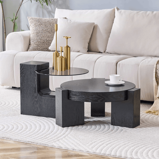 Conjunto de mesas de centro separáveis - tampo em vidro cinzento transparente, estrutura em MDF com efeito de madeira preta, design modular flexível - preto