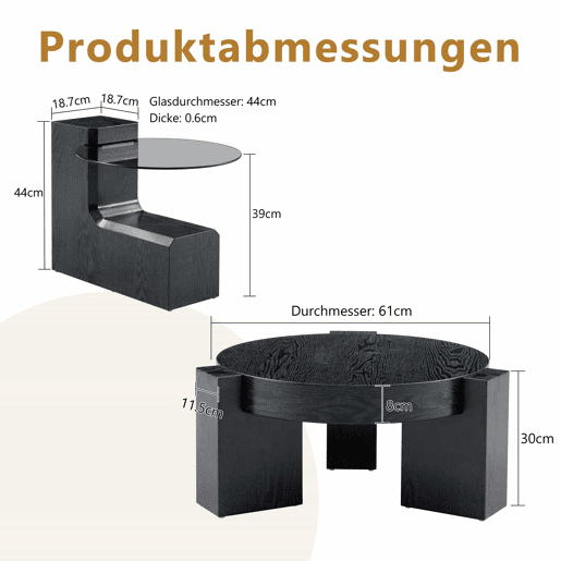 Conjunto de mesas de centro separáveis - tampo em vidro cinzento transparente, estrutura em MDF com efeito de madeira preta, design modular flexível - preto