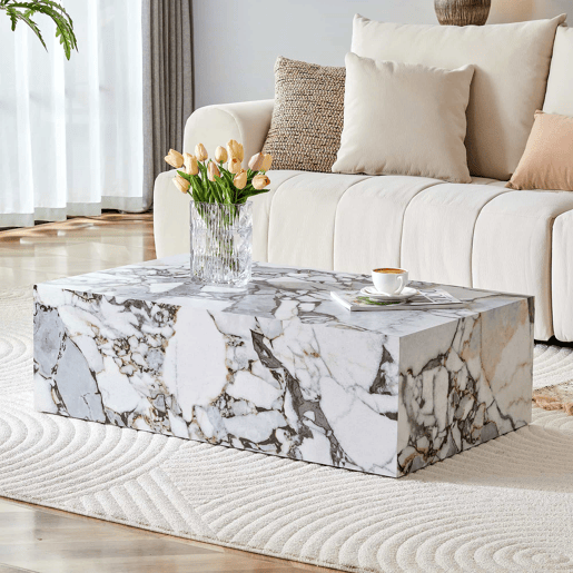 Mesa de centro retangular 90x50x30 cm - textura imitação de mármore, MDF, por montar, estilo nórdico moderno - branco mármore