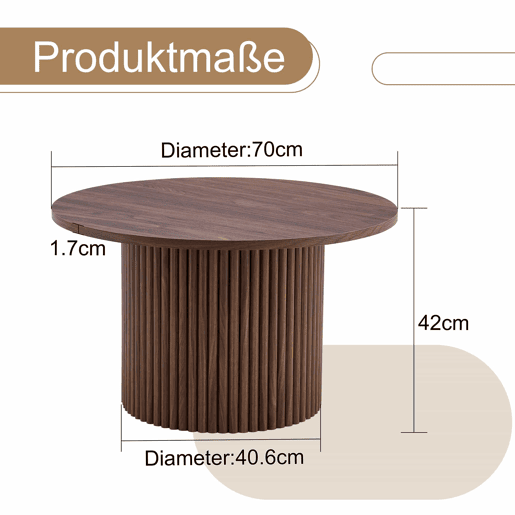 Mesa de centro redonda de 70 cm - design canelado ao estilo das colunas romanas, estrutura metálica integrada, estilo retro de luxo para a sala de estar - cor nogueira