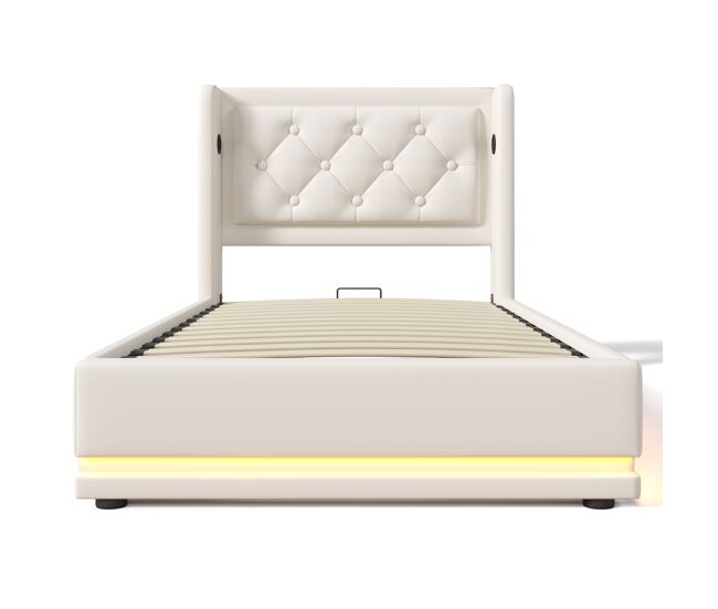 Cama tapizada 90*200 cm - material pu, cama hidráulica con almacenamiento, cabezal acolchado con carga usb tipo-c, función led de 3 lados - blanco
