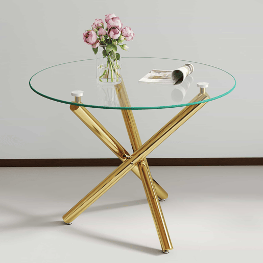 Mesa de jantar redonda 80x80x76 cm - vidro temperado e pés dourados, estilo moderno minimalista - dourada