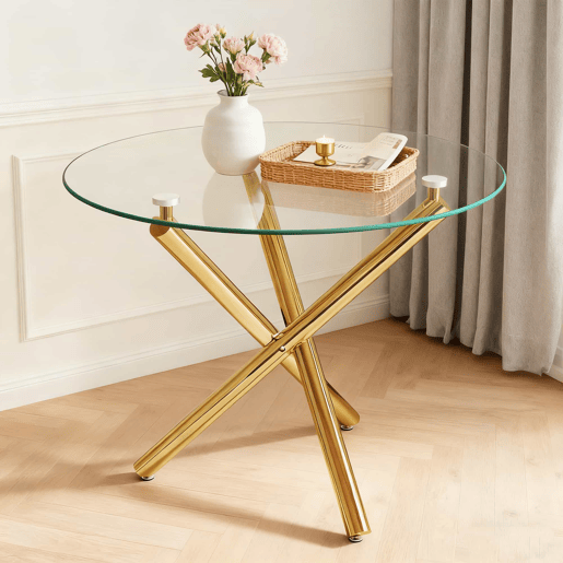 Mesa de jantar redonda 80x80x76 cm - vidro temperado e pés dourados, estilo moderno minimalista - dourada