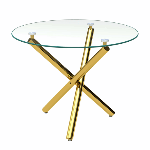 Mesa de jantar redonda 80x80x76 cm - vidro temperado e pés dourados, estilo moderno minimalista - dourada