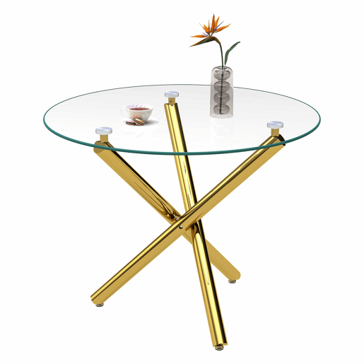 Mesa de jantar redonda 80x80x76 cm - vidro temperado e pés dourados, estilo moderno minimalista - dourada