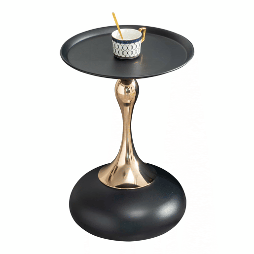Mesa auxiliar moderna + 38 cm - Mesa redonda com base em metal, mesa de cabeceira e mesa de chá, mesa de apoio para canto - Preto + Dourado