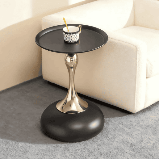Mesa auxiliar moderna + 38 cm - Mesa redonda com base em metal, mesa de cabeceira e mesa de chá, mesa de apoio para canto - Preto + Dourado