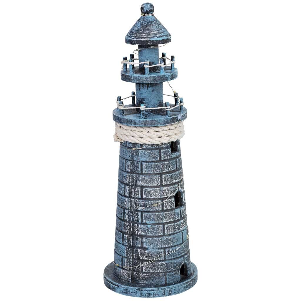 Figura decoración faro de madera con led azul 11x11x32 cm