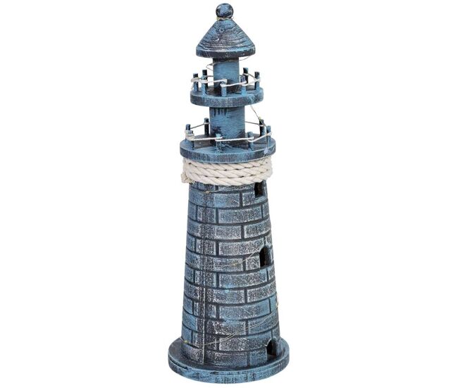 Figura decoración faro de madera con led azul 11x11x32 cm
