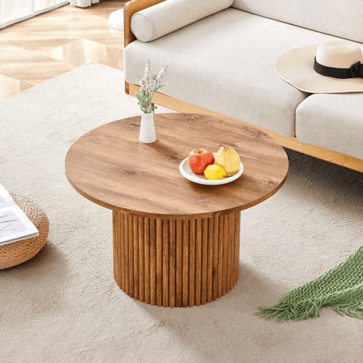 Mesa de centro redonda de 70 cm - design com colunas romanas, estrutura metálica integrada, estilo retro de luxo para a sala de estar - cor de madeira