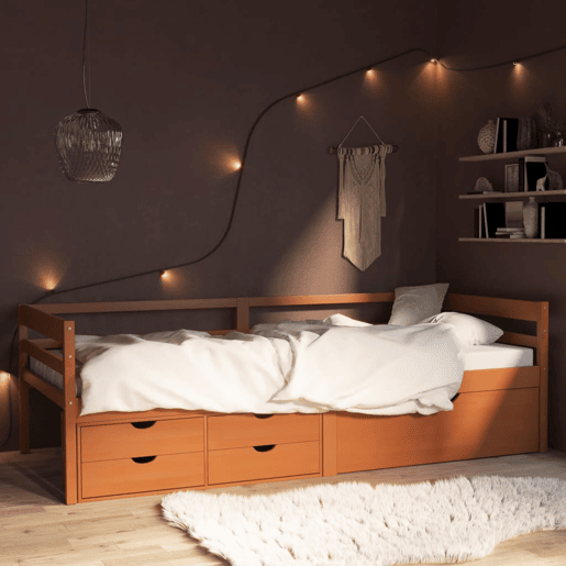 Estrutura de cama de solteiro com gavetas e móvel 90x200 cm pinho maciço castanho-mel Estrutura de cama de solteiro com gavetas e móvel 90x200 cm pinho maciço castanho-mel