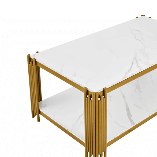 Mesa de centro 114 x 64 x 46 cm - retangular com pés de metal e tampo com efeito mármore, mobiliário moderno - branco e dourado Mesa de centro 114 x 64 x 46 cm - retangular com pés de metal e tampo com efeito mármore, mobiliário moderno - branco e dourado
