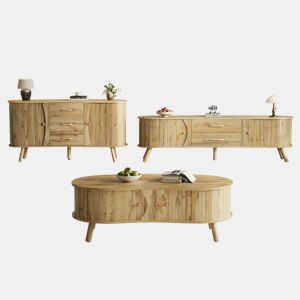 Conjunto de móveis de sala de estar de 3 peças u2013 mesa de centro, aparador e móvel de TV, formato orgânico tipo ervilha, portas de correr, efeito madeira, pés de madeira u2013 Natural