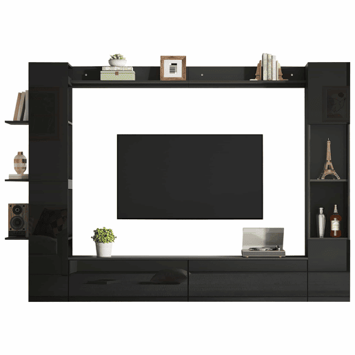 Conjunto de sala de estar modular de 4 peças - compacto com grande capacidade de arrumação, vitrina e porta reversível - preto
