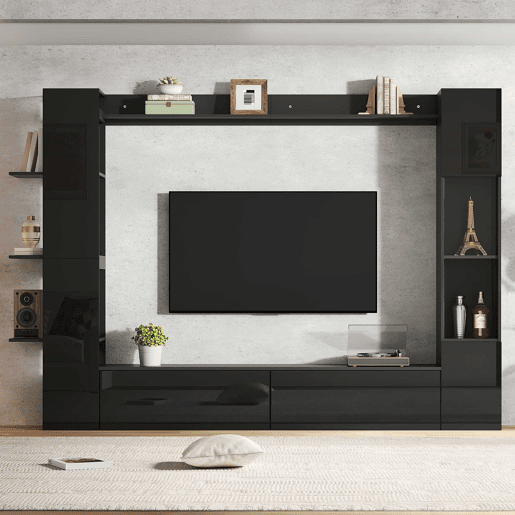Conjunto de sala de estar modular de 4 peças - compacto com grande capacidade de arrumação, vitrina e porta reversível - preto