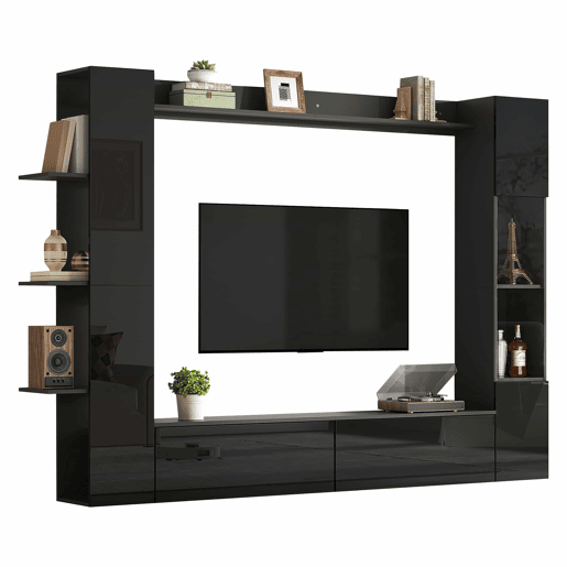 Conjunto de sala de estar modular de 4 peças - compacto com grande capacidade de arrumação, vitrina e porta reversível - preto