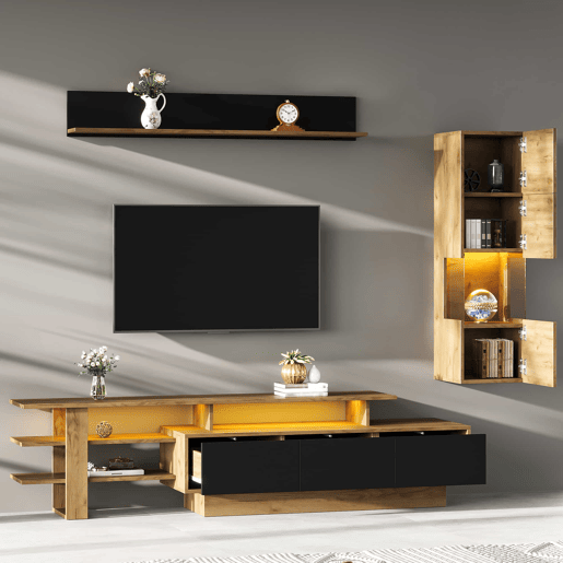 Conjunto de móveis para televisão de 3 peças para sala de estar, até 80 polegadas u2013 com LED, 3 gavetas, vitrina e prateleira suspensa u2013 preto e madeira natural