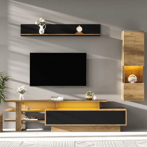 Conjunto de móveis para televisão de 3 peças para sala de estar, até 80 polegadas u2013 com LED, 3 gavetas, vitrina e prateleira suspensa u2013 preto e madeira natural
