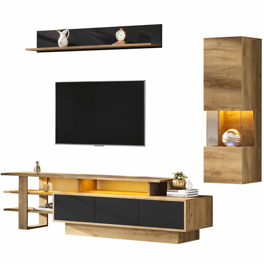 Conjunto de móveis para televisão de 3 peças para sala de estar, até 80 polegadas u2013 com LED, 3 gavetas, vitrina e prateleira suspensa u2013 preto e madeira natural