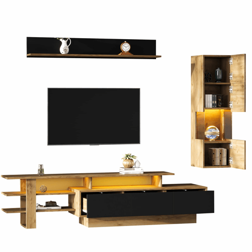 Conjunto de móveis para televisão de 3 peças para sala de estar, até 80 polegadas u2013 com LED, 3 gavetas, vitrina e prateleira suspensa u2013 preto e madeira natural