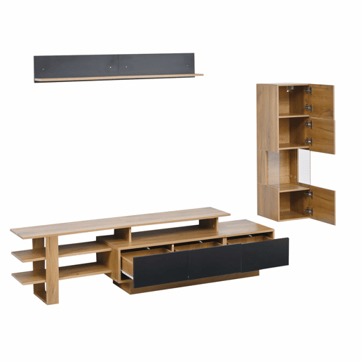 Conjunto de móveis para televisão de 3 peças para sala de estar, até 80 polegadas u2013 com LED, 3 gavetas, vitrina e prateleira suspensa u2013 preto e madeira natural
