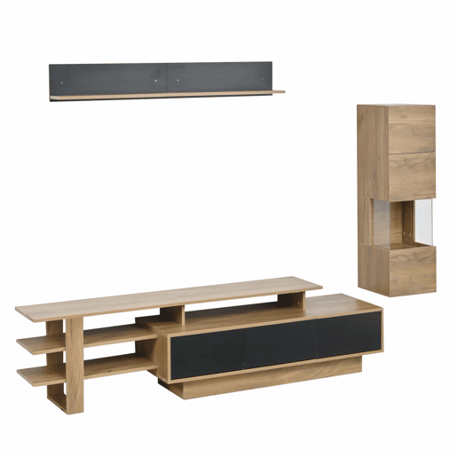 Conjunto de móveis para televisão de 3 peças para sala de estar, até 80 polegadas u2013 com LED, 3 gavetas, vitrina e prateleira suspensa u2013 preto e madeira natural